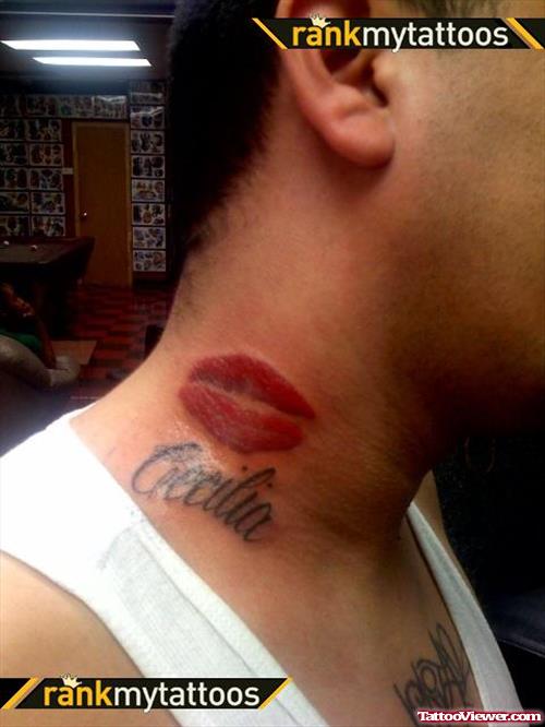 Red Lips And Name Tattoo On Side Neck