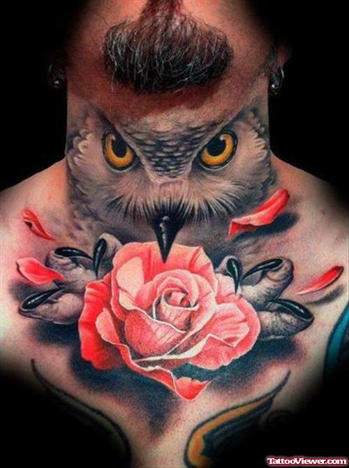 Owl Face And Rose Flower Neck Tattoo