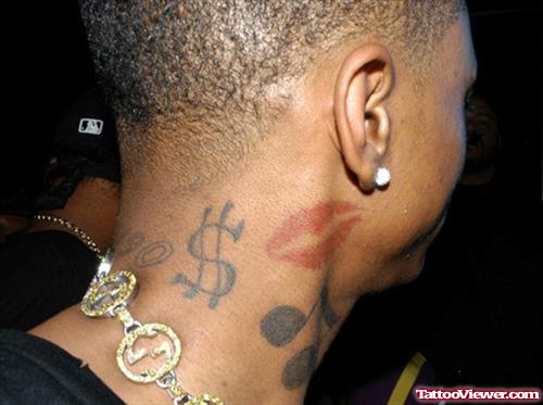 Lip Prints, Music Notes And Dollar Neck Tattoo