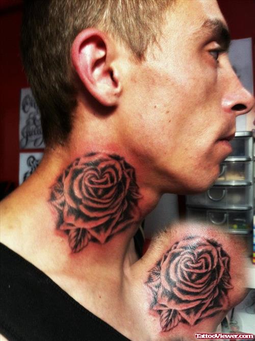 Grey Ink Rose Flower Side Neck Tattoo