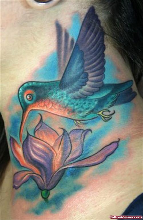 Color Ink Bird And Hummingbird Tattoo On Neck