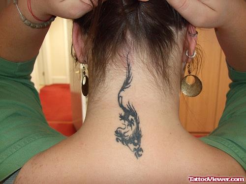 Black Ink Tribal Dragon Neck Tattoo