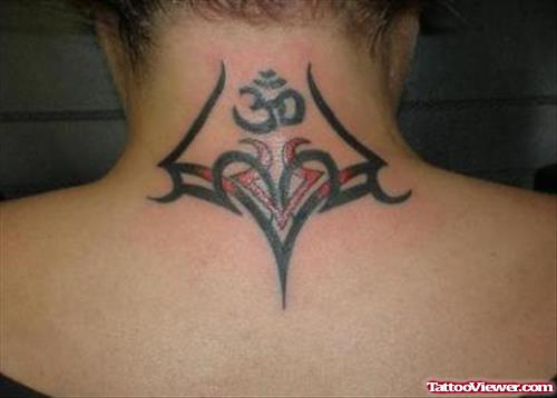 Tribal And Om Back Neck Tattoo