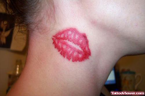 Red Ink Lip Print Neck Tattoo
