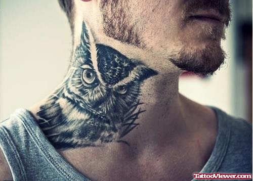 Owl Tattoo On Girl Side Neck Tattoo