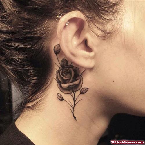 Grey Ink Rose Flower Neck Tattoo For Girls