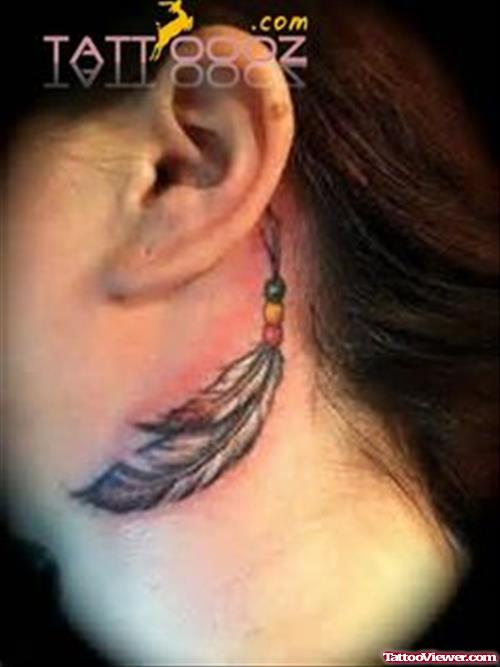 Grey Ink Feather Side Neck Tattoo