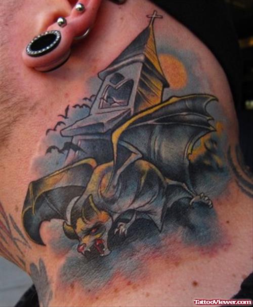 Black Ink Bat Neck Tattoo