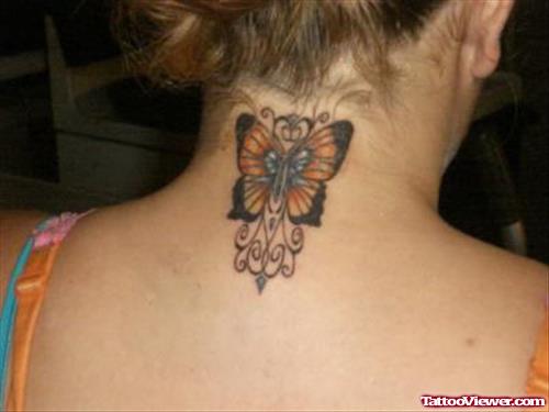Attractive Colored Butterfly Back Neck Tattoo