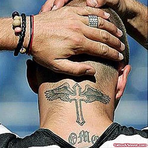 Winged Cross Back Neck Tattoo