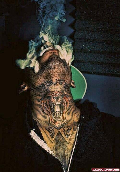 Roaring Tiger Head Neck Tattoo