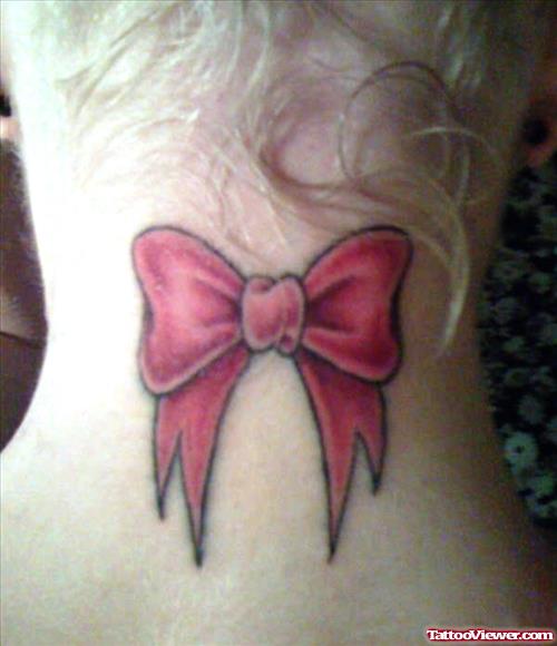 Pink Bow Neck Tattoo
