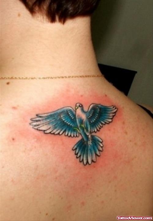 Open Wings Flying Bird Back Neck Tattoo