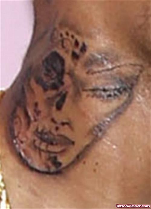 Grey Ink Zombie Girl Head Neck Tattoo