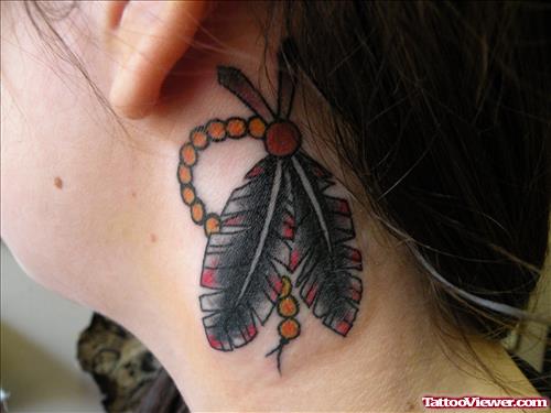 Grey Ink Feathers Side Neck Tattoo