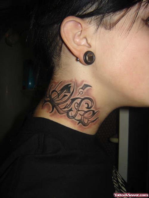 Grey Ink Tribal Side Neck Tattoo