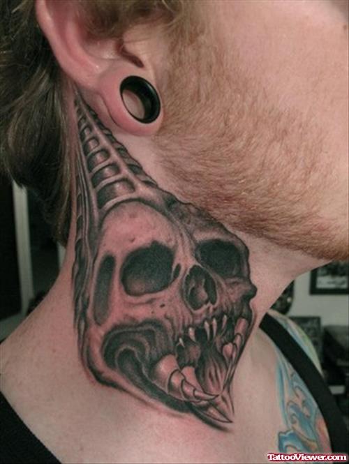 Grey Ink Biomechanical Skull Side Neck Tattoo