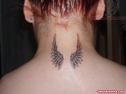 Small Angel Wings Back Neck Tattoo