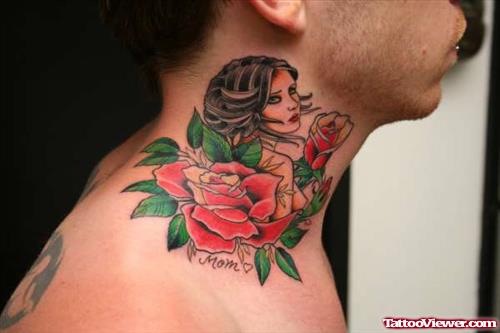 Rose Flowers And Neck Tattoo For Men