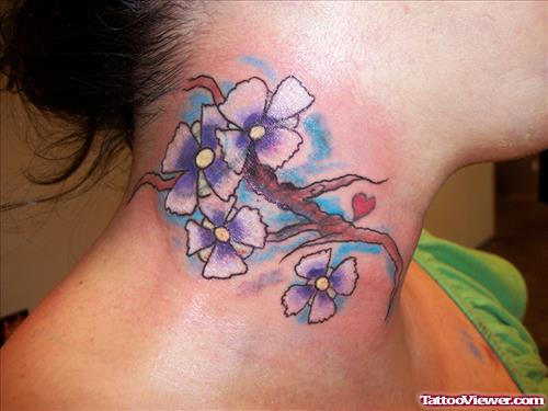 Purple Flowers Side Neck Tattoo