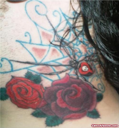 Red Roses And Spider Web Neck Tattoo