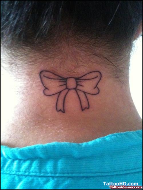 Outline Bow Back Neck Tattoo