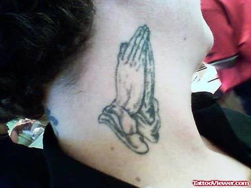 Grey Ink Praying Hands Neck Tattoo