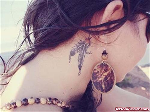 Grey Ink feathers Side Neck Tattoo For Girls