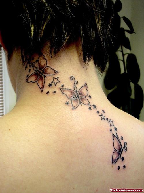 Grey Ink Butterflies And Stars Neck Tattoo