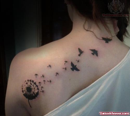 Dandelion Puff And Flying Birds Back Neck Tattoo