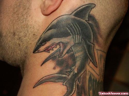 Colored Shark Side Neck Tattoo