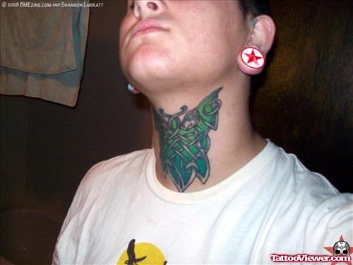 Attractive Green Ink Celtic Neck Tattoo