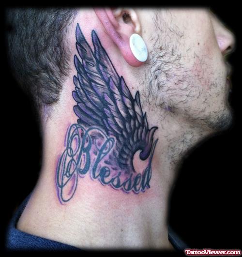 Angel Winged Blessed Word Side Neck Tattoo