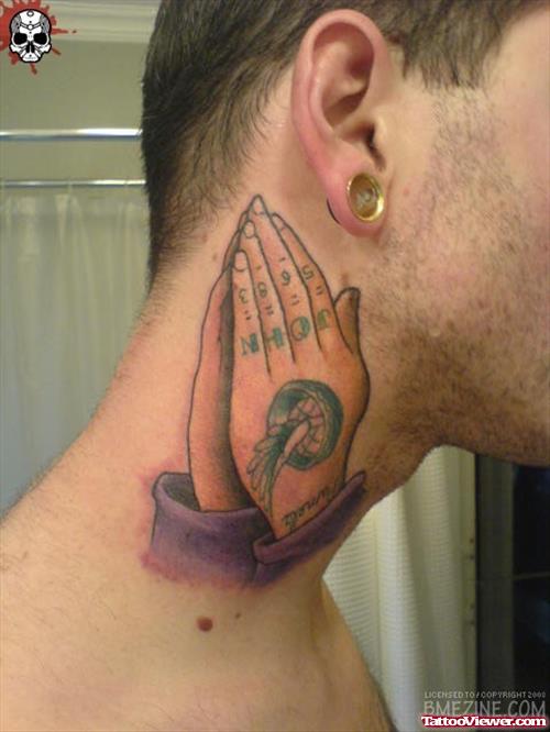 Praying Hands Side Neck Tattoo