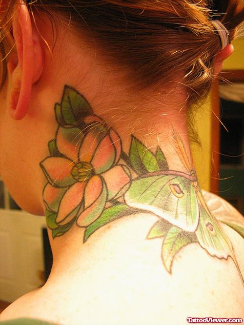 Magnolia Flower And Butterfly Neck Tattoo