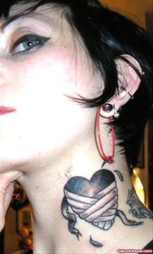 Grey Ink Heart Side Neck Tattoo