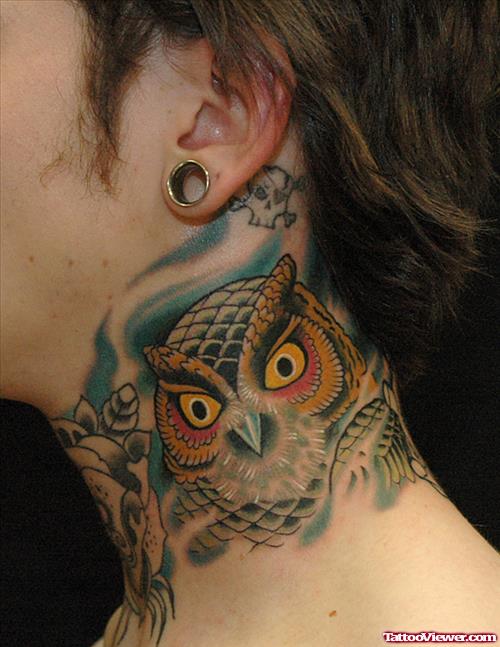 Colored Owl Head Neck Tattoo