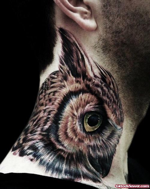 Color Ink Owl Head Neck Tattoo