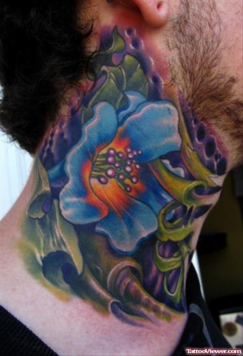 Blue Flower Tattoo On Neck
