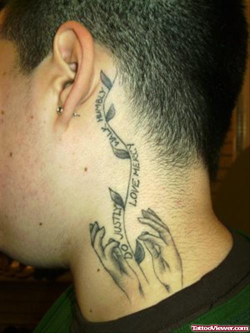 Grey Ink Hands And Banner Side Neck Tattoo