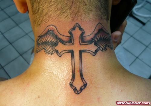 Awful Winged Cross Back Neck Tattoo