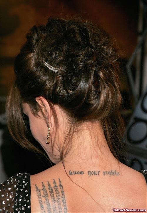 Awesome Angelina Jolie Back Neck Tattoo