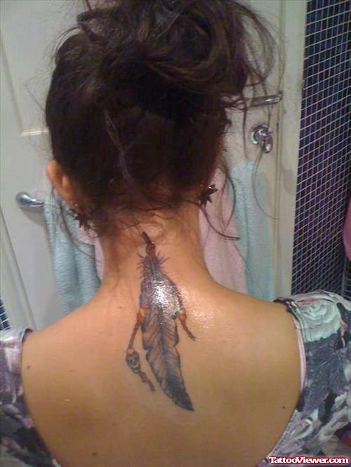 Amazing Feather Back Neck Tattoo