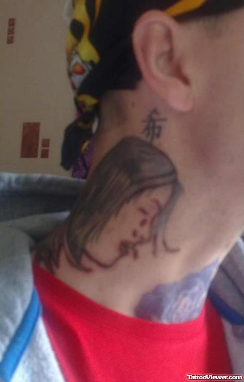 Grey Ink Girl Head Neck Tattoo