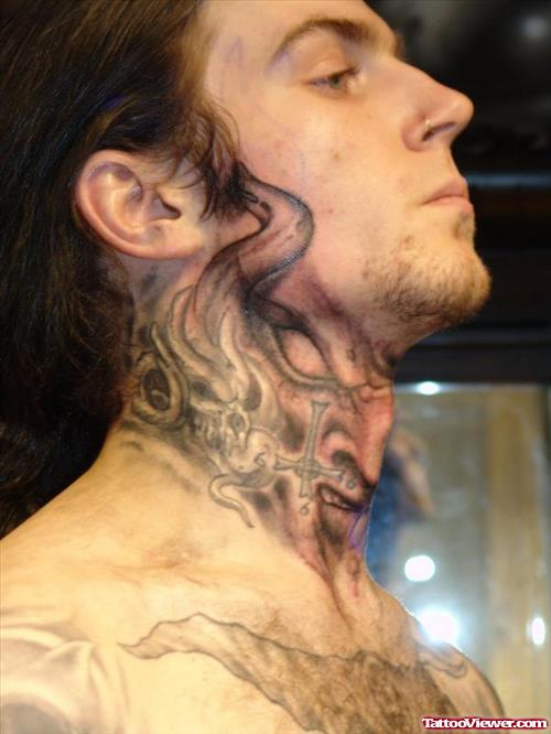 Grey Ink Tribal Neck Tattoo For Men