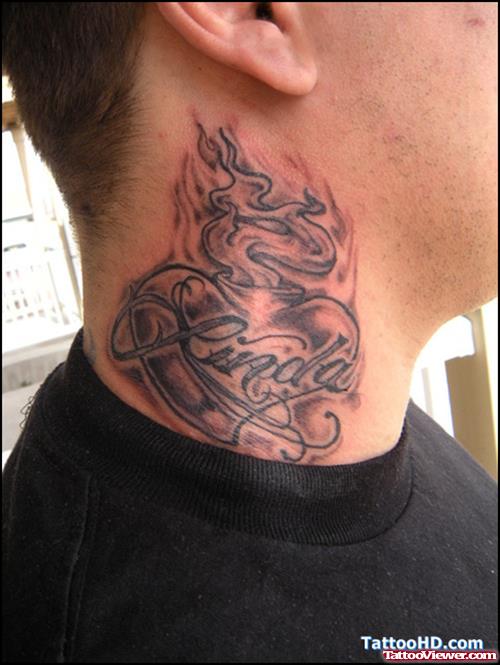 Grey Ink Sacred Heart Neck Tattoo
