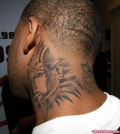 Grey Ink Religious Neck Tattoo