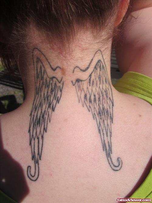 Grey Ink Angel Wings Back Neck Tattoo