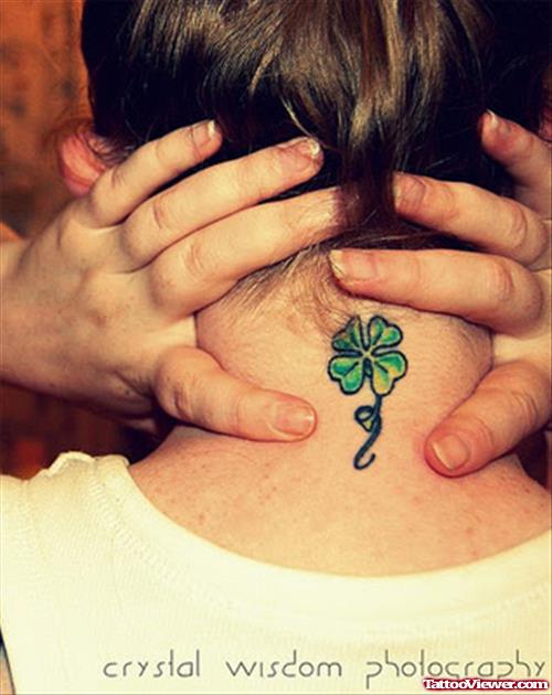 Green Ink Irish Leaf Back Neck Tattoo