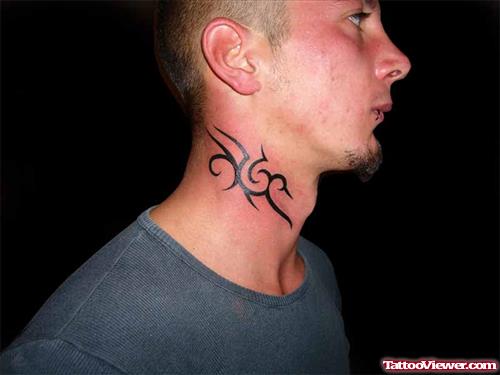 Black Ink Tribal Man Side Neck Tattoo